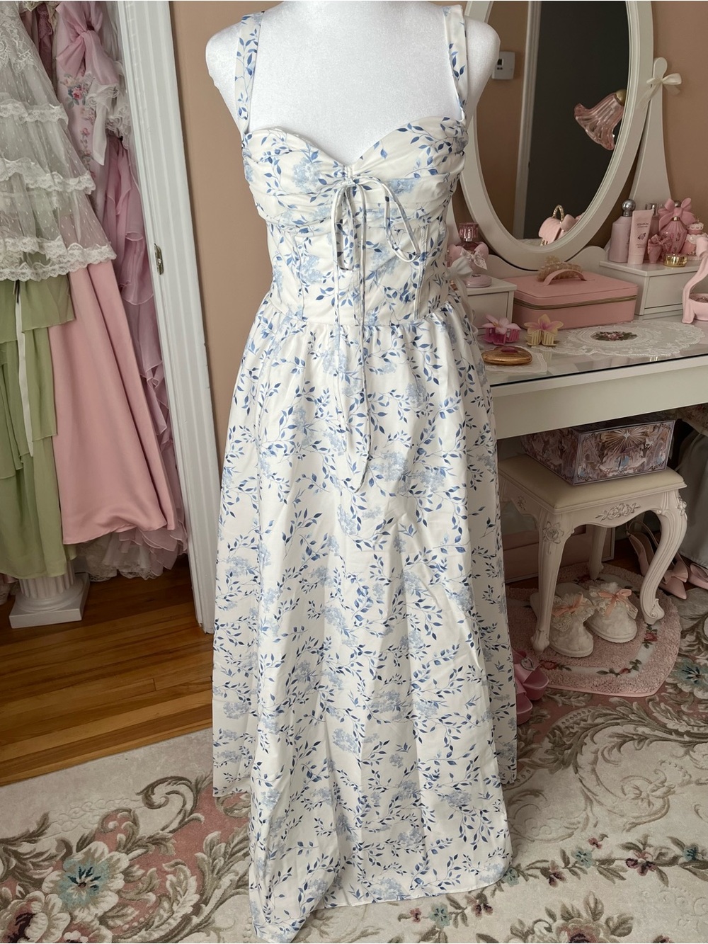 Blue Floral Tie-Front Maxi Dress in White